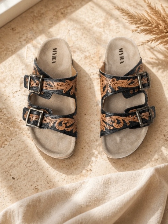 Myra Bag Shoes - Myra Tooled Leather Sandals Brown Cork Footbed Feather Buckle Boho Western Sz 6